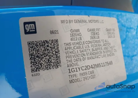 2021 Chevrolet Corvette Stingray Rwd 3Lt из США, поврежденный, VIN 1G1YC2D42M5117549